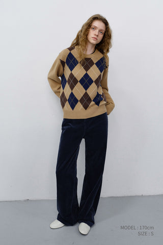 UNISEX ARGYLE CREWNECK SWEATER CAMEL BEIGE