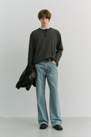 UNISEX HENLEY-NECK T-SHIRT BLACK STRIPE