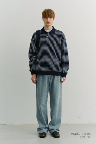 UNISEX STRIPED LOGO COLLARED T-SHIRT NAVY
