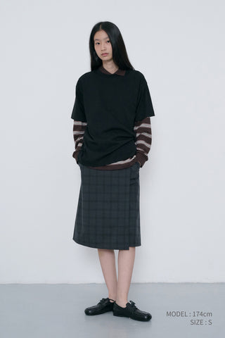 PLEATS MIDI WRAP CHECKED SKIRT CHARCOAL GREY CHECK