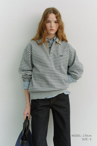 UNISEX STRIPED LOGO COLLARED T-SHIRT GREY