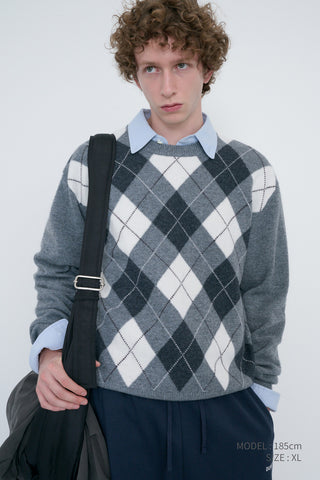 UNISEX ARGYLE CREWNECK SWEATER GREY
