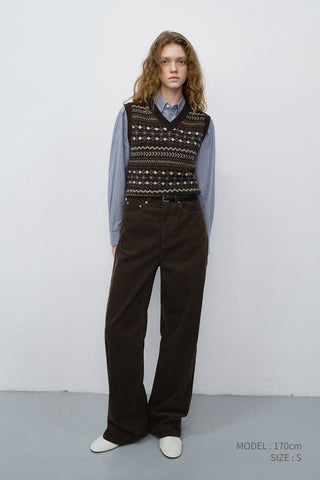 UNISEX CRAFTED V-NECK KNIT VEST DEEP BROWN