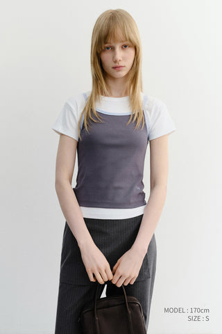 2-TONE TRIM SLEEVELESS TOP CHARCOAL SOFT BLUE