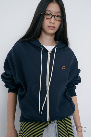 UNISEX LEATHER LOGO ZIP-UP HOODIE FRENCH NAVY