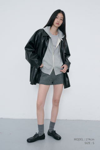 UNISEX LEATHER LOGO ZIP-UP HOODIE MELANGE GREY