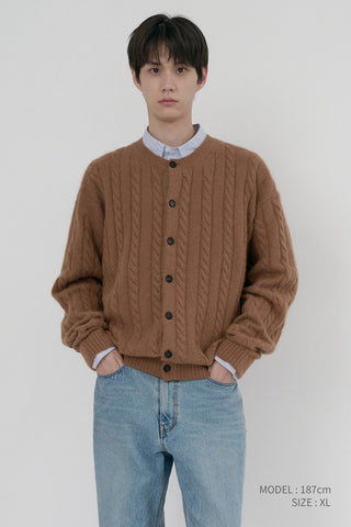 UNISEX HAIRY CABLE CREW NECK CARDIGAN CAMEL