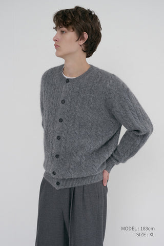 UNISEX HAIRY CABLE CREW NECK CARDIGAN MELANGE GREY