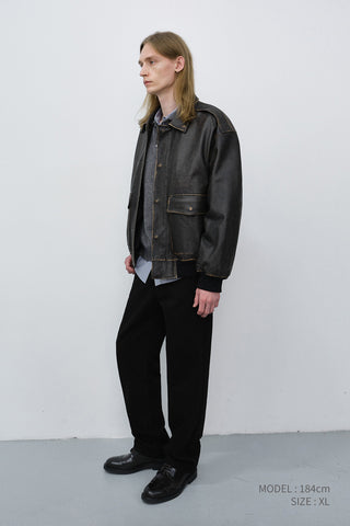 UNISEX DETACHABLE A-2 LEATHER BLOUSON BRUSHED BLACK