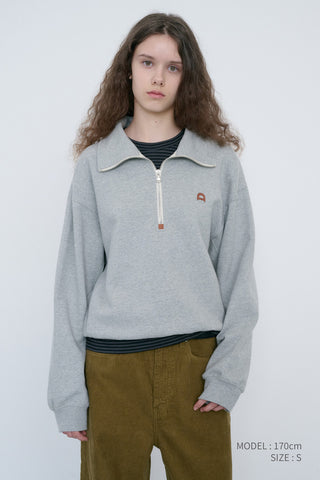 UNISEX LEATHER LOGO HALF ZIP-UP SWEATSHIRT MELANGE GREY