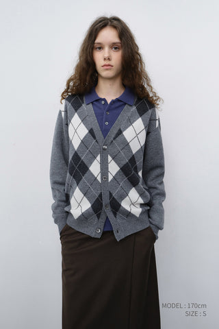 UNISEX V-NECK ARGYLE CARDIGAN GREY