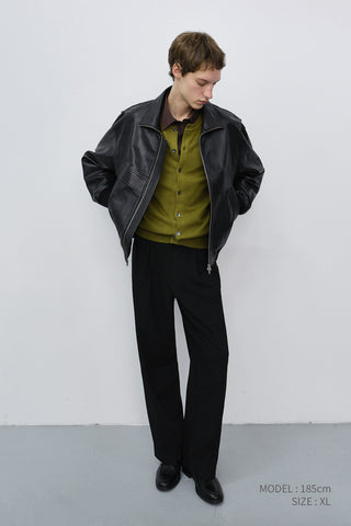 UNISEX STAND COLLARED LEATHER BLOUSON BLACK