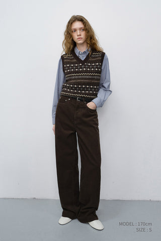 UNISEX CRAFTED V-NECK KNIT VEST DEEP BROWN