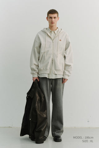UNISEX LEATHER LOGO ZIP-UP HOODIE OATMEAL MELANGE