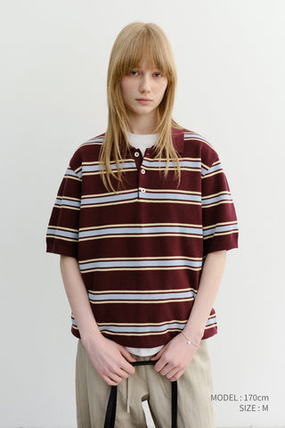 UNISEX MULTI STRIPED POLO KNIT BURGUNDY SKY BLUE