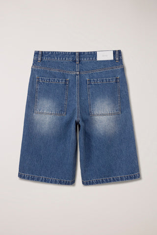 PLEATED BERMUDA DENIM SHORTS CLASSIC BLUE