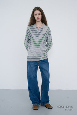 UNISEX MULTI STRIPE COLLARED T-SHIRT MELANGE GREY STRIPE