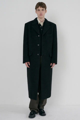 UNISEX 2-WAY 3 BUTTON BOUCLE WOOL COAT BLACK
