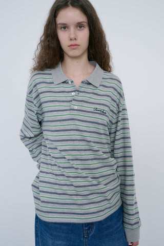UNISEX MULTI STRIPE COLLARED T-SHIRT MELANGE GREY STRIPE