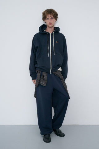 UNISEX LEATHER LOGO ZIP-UP HOODIE FRENCH NAVY