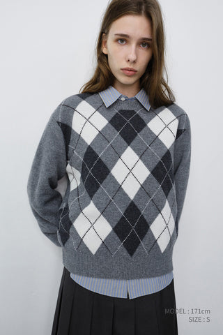 UNISEX ARGYLE CREWNECK SWEATER GREY