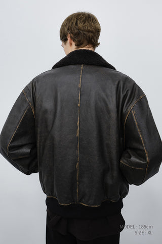 UNISEX DETACHABLE A-2 LEATHER BLOUSON BRUSHED BLACK