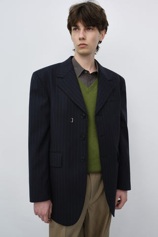 UNISEX REFINED MASCULINE WOOL BLAZER NAVY STRIPE