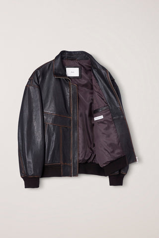 UNISEX STAND COLLARED LEATHER BLOUSON BRUSHED BROWN