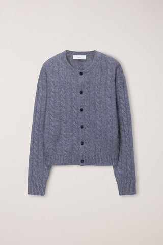 UNISEX HAIRY CABLE CREW NECK CARDIGAN MELANGE GREY