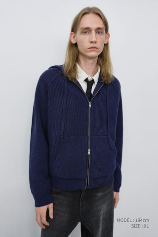 UNISEX HOODED KNIT CARDIGAN DARK BLUE