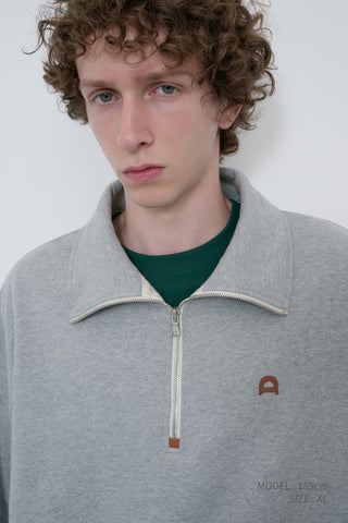 UNISEX LEATHER LOGO HALF ZIP-UP SWEATSHIRT MELANGE GREY