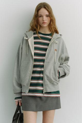 UNISEX LEATHER LOGO ZIP-UP HOODIE MELANGE GREY
