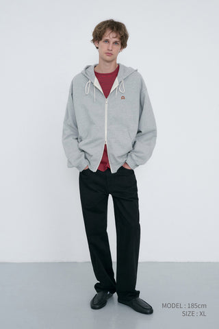 UNISEX LEATHER LOGO ZIP-UP HOODIE MELANGE GREY