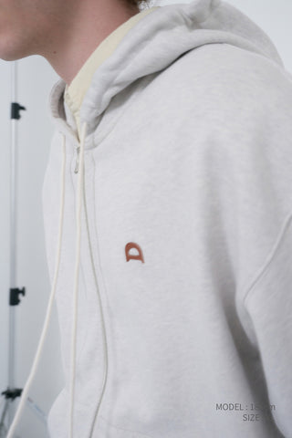 UNISEX LEATHER LOGO ZIP-UP HOODIE OATMEAL MELANGE
