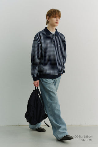 UNISEX STRIPED LOGO COLLARED T-SHIRT NAVY