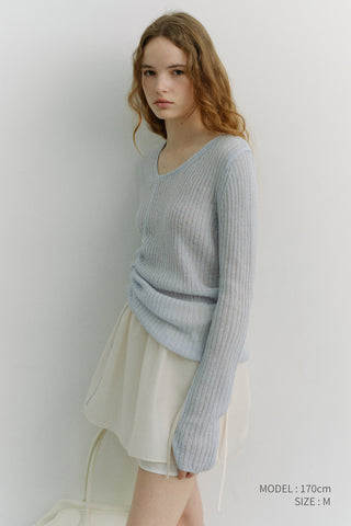 2-WAY SHIRRING KNIT TOP SOFT BLUE