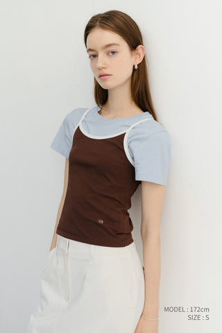 2-TONE TRIM SLEEVELESS TOP BROWN IVORY