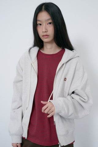 UNISEX LEATHER LOGO ZIP-UP HOODIE OATMEAL MELANGE