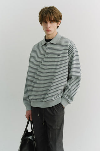 UNISEX STRIPED LOGO COLLARED T-SHIRT GREY