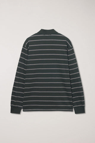 UNISEX MULTI STRIPE COLLARED T-SHIRT FOREST GREEN STRIPE
