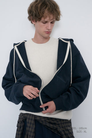 UNISEX LEATHER LOGO ZIP-UP HOODIE FRENCH NAVY