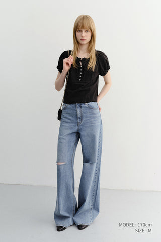 RIBBONED SHIRRING BLOUSE BLACK