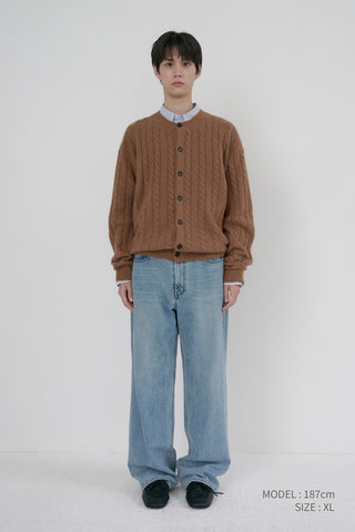 UNISEX HAIRY CABLE CREW NECK CARDIGAN CAMEL