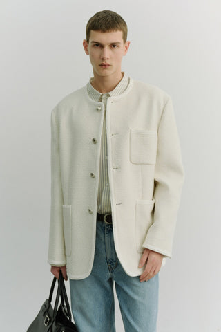 UNISEX COLLARLESS TWEED JACKET CREAM