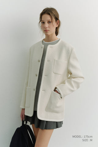 UNISEX COLLARLESS TWEED JACKET CREAM