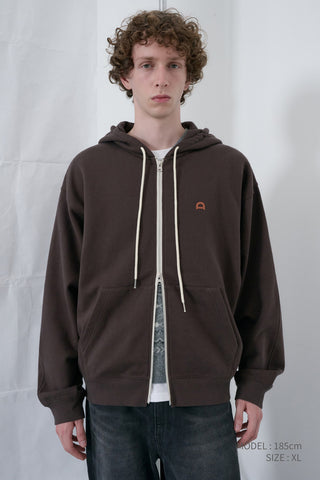 UNISEX LEATHER LOGO ZIP-UP HOODIE BROWN