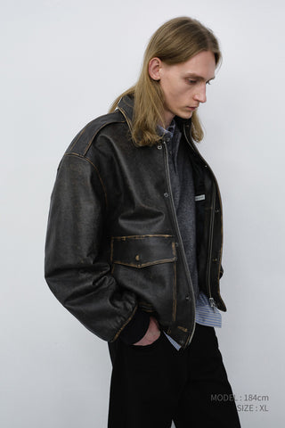 UNISEX DETACHABLE A-2 LEATHER BLOUSON BRUSHED BLACK