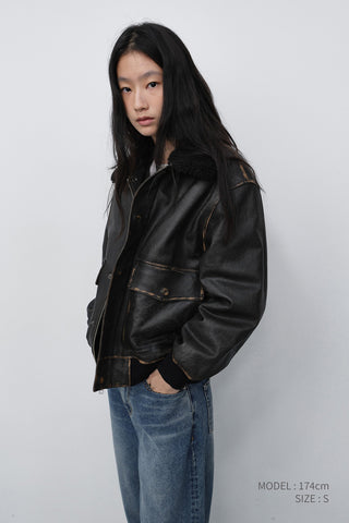 UNISEX DETACHABLE A-2 LEATHER BLOUSON BRUSHED BLACK
