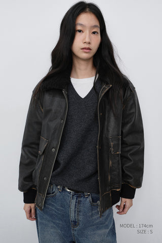 UNISEX DETACHABLE A-2 LEATHER BLOUSON BRUSHED BLACK