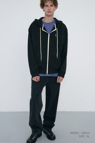 UNISEX LEATHER LOGO ZIP-UP HOODIE BLACK